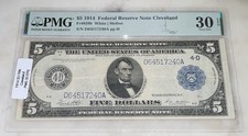 1914 $5 Federal Reserve Note Cleveland Fr 859b PMG 30 EPQ White/Mellon Blue Seal