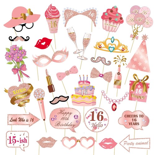 33 PCS 16th Birthday Photo Booth Props with Stick, Rose Gold Party Supplies f...