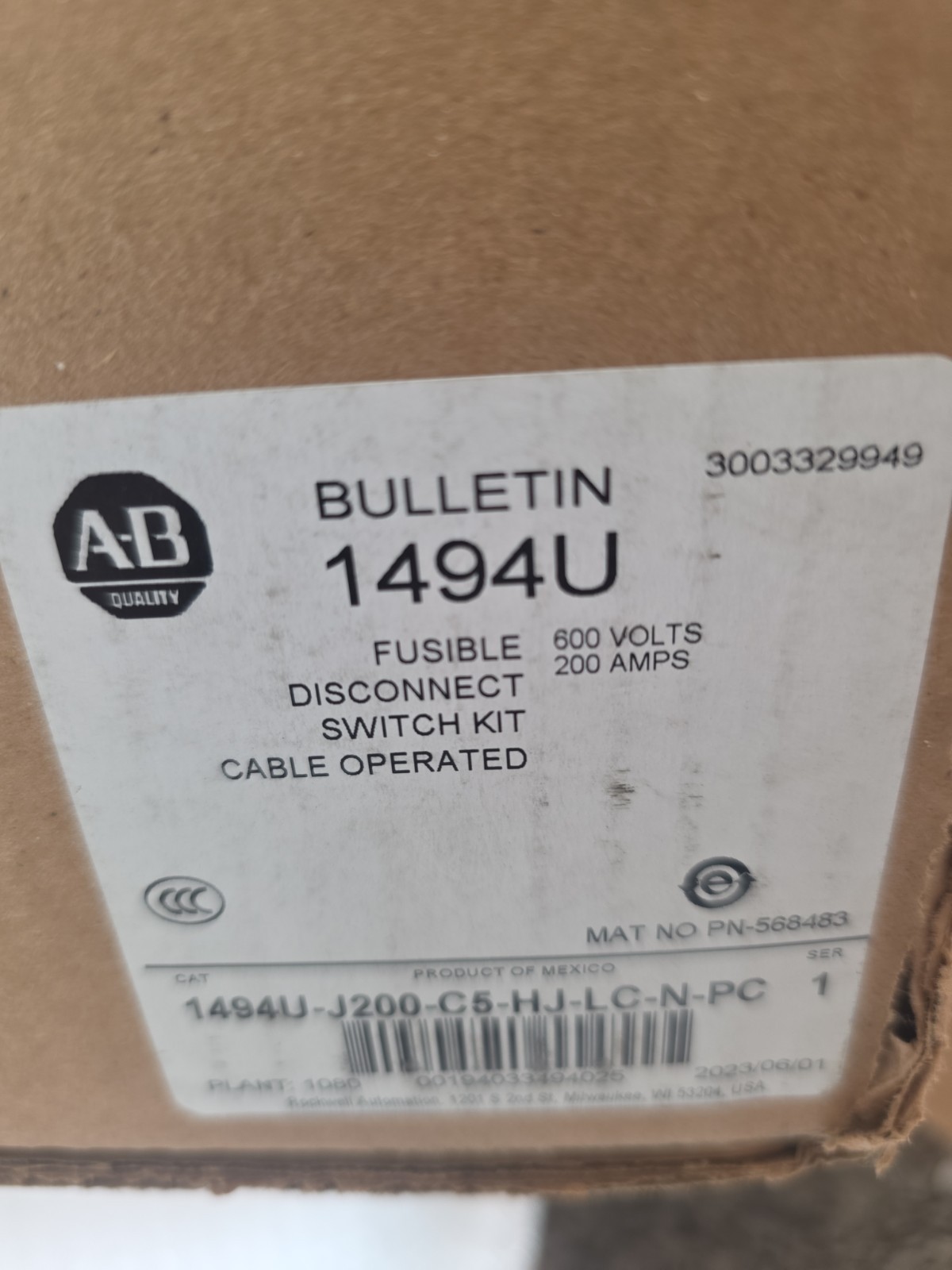 Allen Bradley 1494U-J200-C5-HJ-LC-N-PC 200A 600V Fusible Disconnect Kit