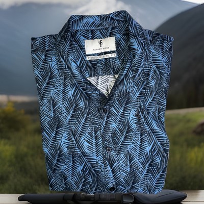 Father Sons Hawaiian Shirt Men s SS Blue Palm Tree Stretch Slim Fit Size L/M