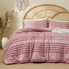 Boho Comforter Set Queen Size, Dusty Pink Tufted Striped Bed Set 3 Pieces, Soft