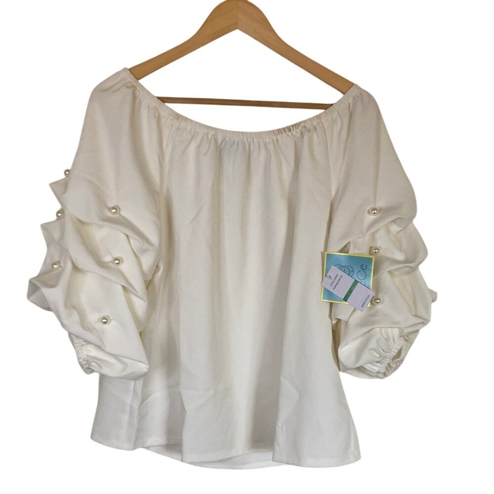 CeCe Womens Elegant White Off-Shoulder Top Tiered Sleeves Pearl Accents Size L