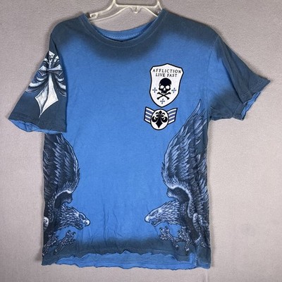 Affliction Life Fast Mens M Tshirt Blue Eagle, fleur-delis, Cross- Distressed