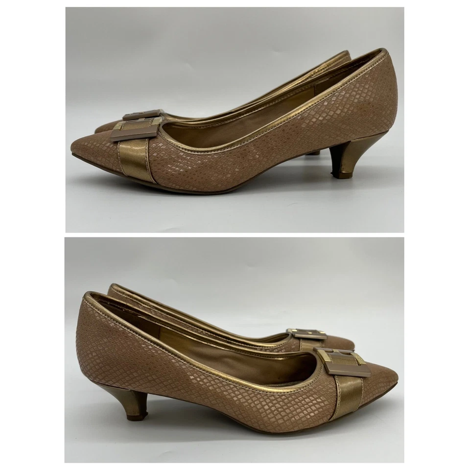 Zapatos de tacón Anne Klein iFlex Kitten beige dorado punta hebilla acento Wms 8M Foto 2 de 4