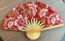 Fan Thai Folding Red Flowers Hand Bamboo Thailand Decor    1