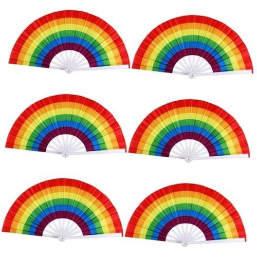 6 Pcs Extra Large Rainbow Folding Hand Gay Fan LGBT Fans Festival Pride White