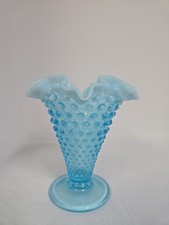 Vintage Fenton Aqua Blue Opalescent Hobnail Ruffled Vase 5 1/2"