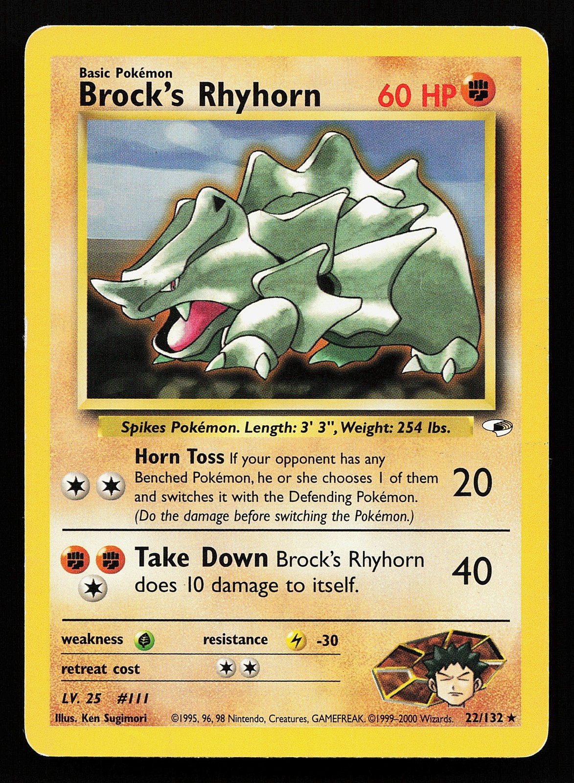 Brock's Rhyhorn 22/132 Rare Gym Heroes Pokémon Card PLAYED