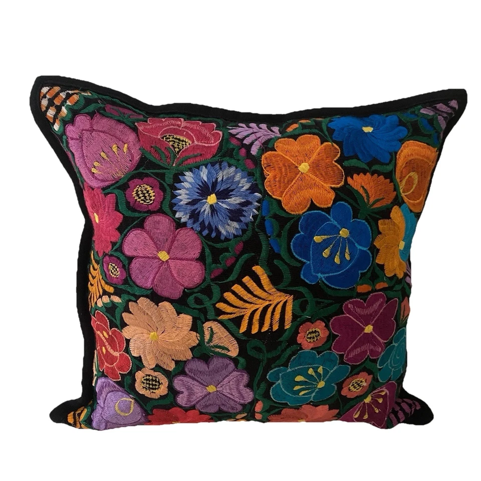 Mexican Feather Pillow Chiapas Handmade Embroidered Floral Decorative Zipper 17” - Image 2 of 4