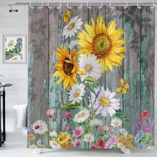 Farmhouse Shower Curtain, Spring 72.00" x 72.00" Colorful Sunflower Rustic Wood