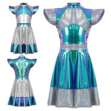 Kids Girls Alien Cosplay Fancy Dress Dance Metallic Color Block Dress-up Cutie
