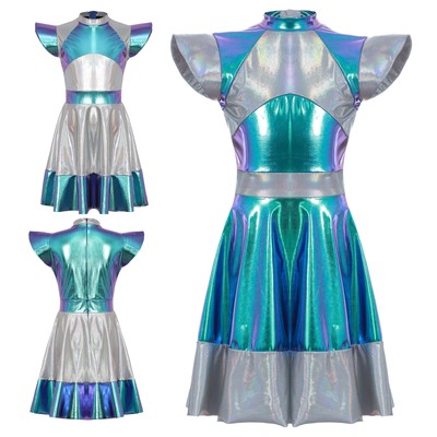 Kinder Mädchen Kleid Tanz Alien Cosplay Roly Play Metallic Aufführung Kostüm