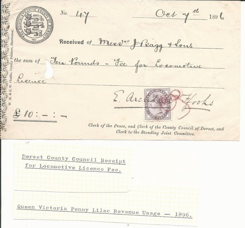 1896 £10 Locomotive License. Issued by Dorset County Council - Dorchester