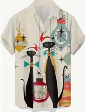 Men’s Atomic Cat Christmas 50’s Style Button Down Bowling Beach Shirt