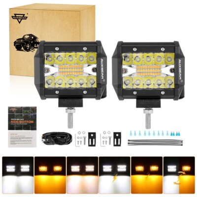 AUXBEAM 4'' Inch LED Pods 120W Spot Light Bar Strobe Driving Fog Lamp Amber White