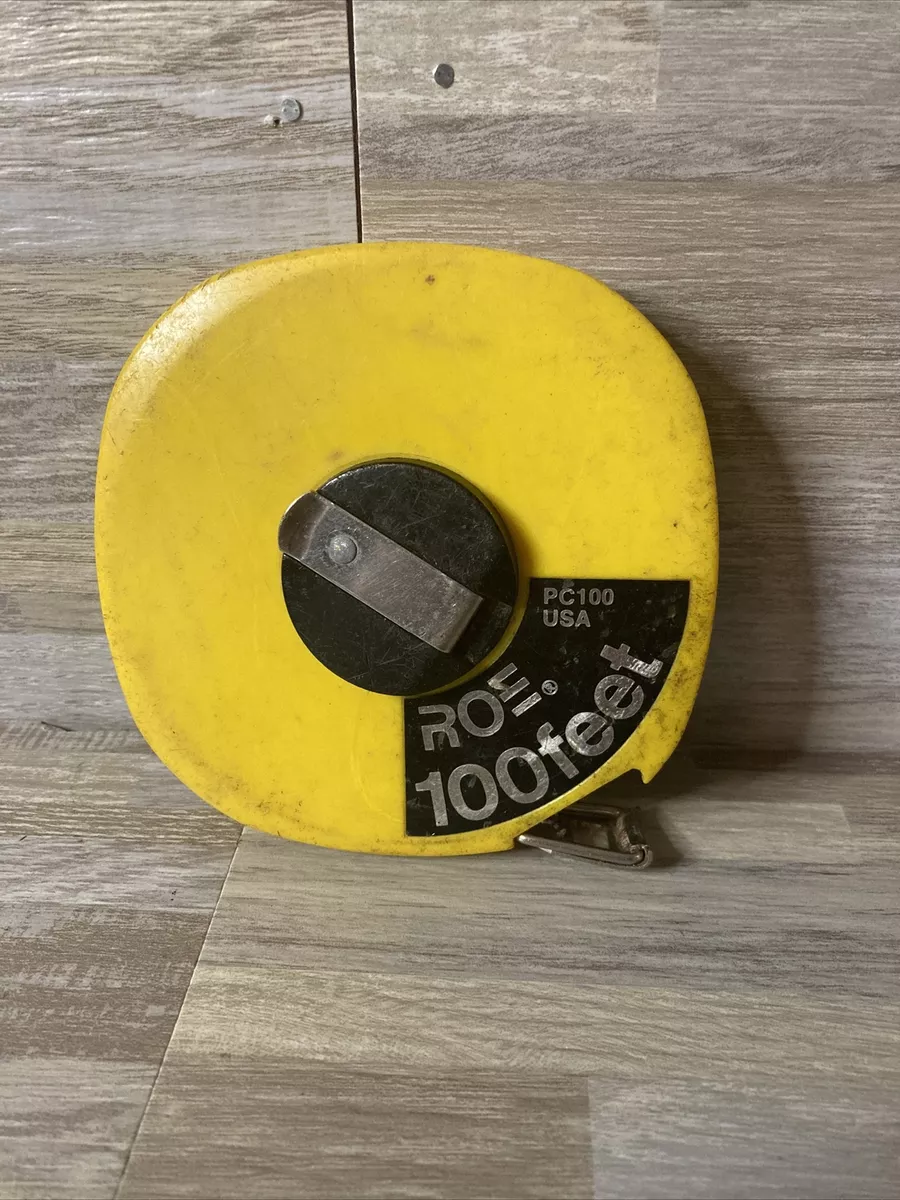 Vintage Roe 100 ft Winding tape measure PC100 Made In USA Yellow