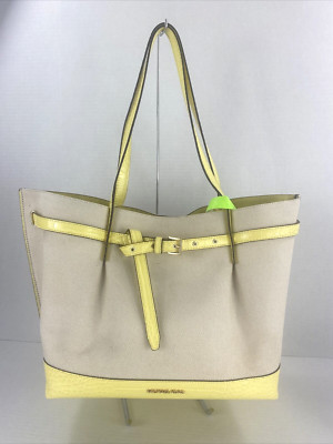Michael Kors Emilia Natural Canvas Embossed Croc  Large Bag Yellow Leather B2T
