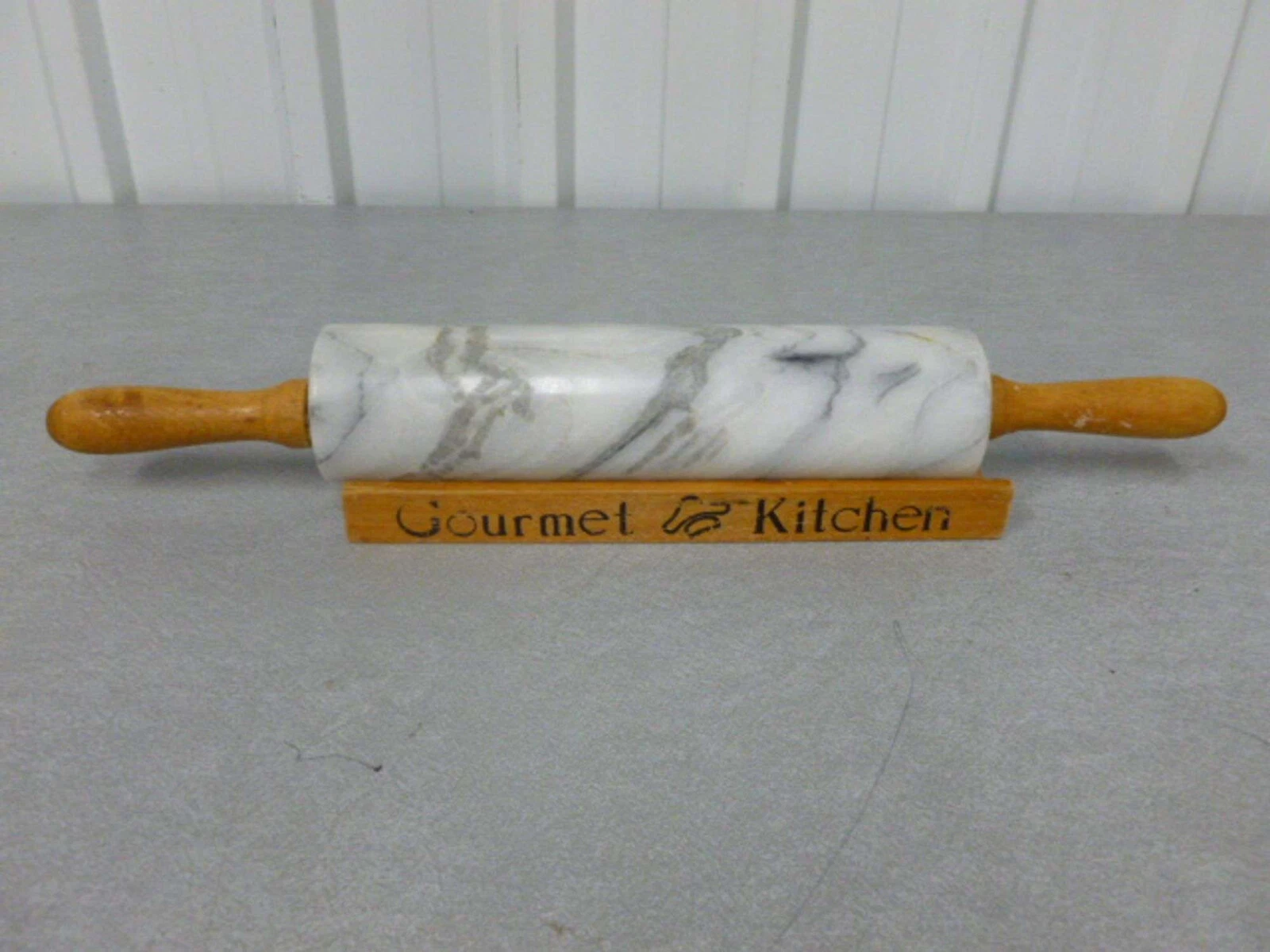Marble Gray and White Rolling Pin With Wooden Handles And Base