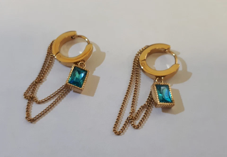 Boucle d'oreille créole chaîne doré avec zircon bleu turquoise Art ethnique/EBPM - Photo 2/2