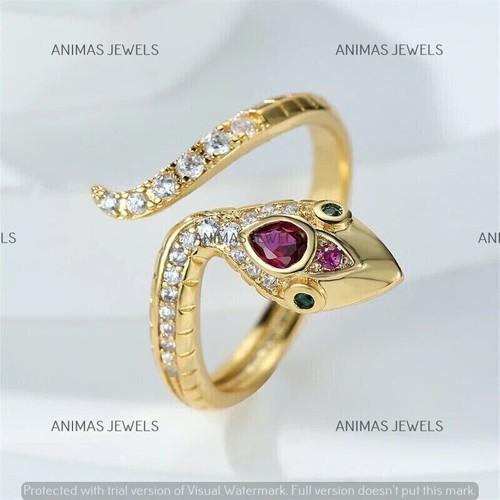 0.30 CT Pear Cut Lab-Created Ruby Snake Engagement Ring 14K Yellow Gold Plated - Picture 2 of 6