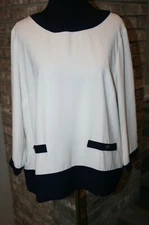 Talbots Womens Cream Navy Trim 3/4 Sleeve Cocktail Blouse SZ M