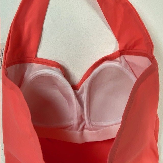 Ruby Ribbon Coral One Piece Swimsuit Ruched Halter Neck Padded Cups Size 10