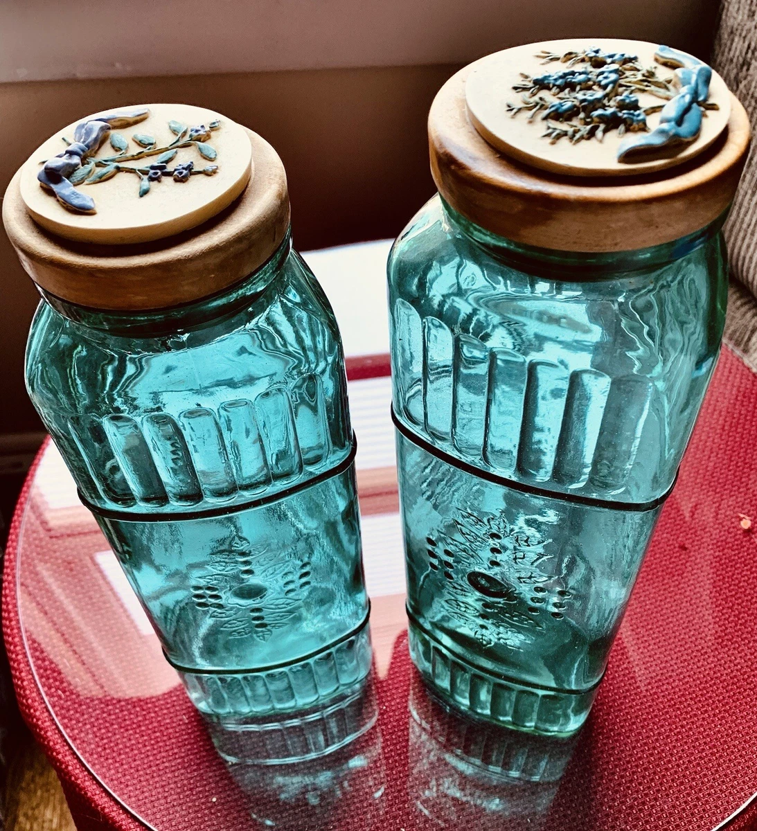 Vintage Green Glass Embossed Tall & Medium Pasta Jar w Decorative Wood Lid.