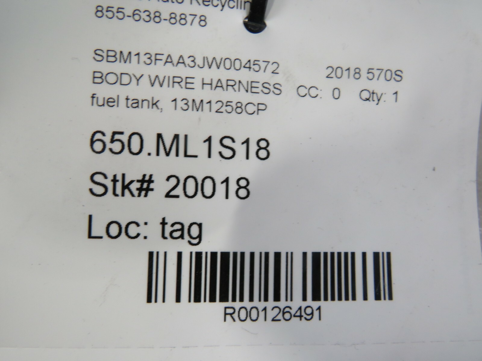 Mclaren 570s, Fuel Tank Wire Harness, Used, P/N 13M1258CP