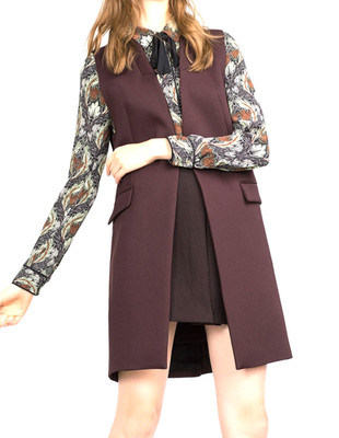 ZARA BASIC Dark Maroon OPEN FRONT Faux Pockets TWILL Lined LONG TRENCH VEST Sz S