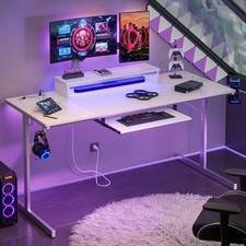 63 Inch Gaming Desk W/ LED Lights  Power Outlets Computer Desk W/ Laptop Stand