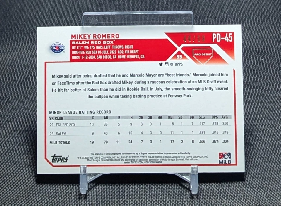 Mikey Romero AUTO Green Foil /99 Rookie 2023 Topps Pro Debut Card #PD-45 Red Sox - Image 2 of 2