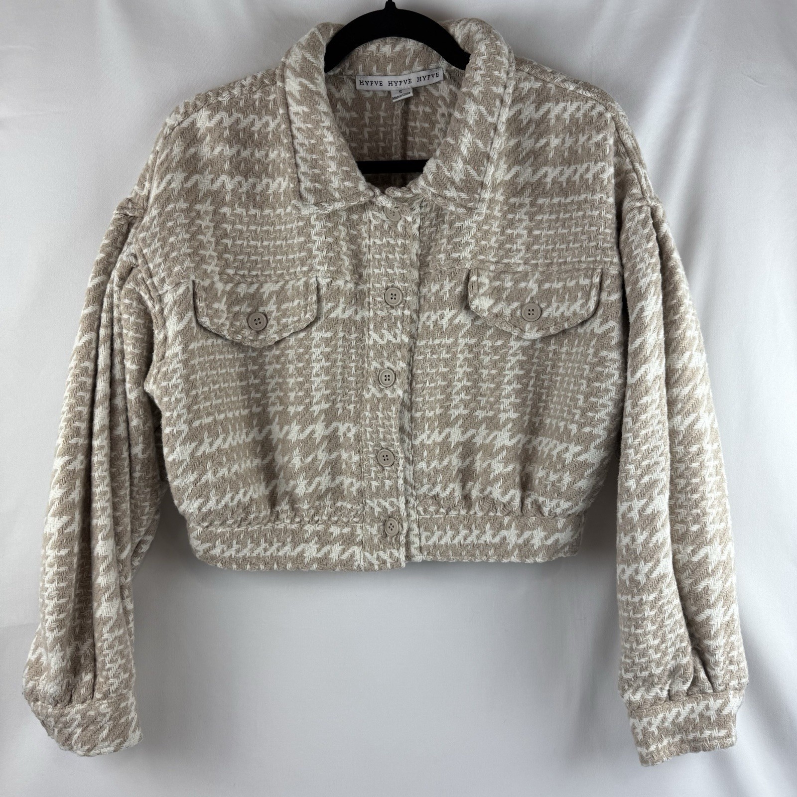 Hyfve Houndstooth Cropped Jacket Womens Size Small Tan and White
