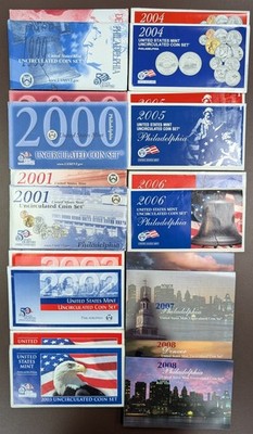 1999-2008 P & D U.S. Mint Sets Uncirculated OGP Envelope Lot of (10) Annual Sets