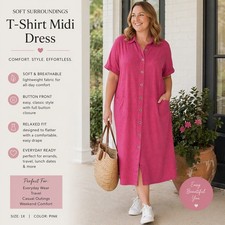Soft Surroundings T-shirt Midi Dress Short Sleeve Pink SZ1X Button Front Casual