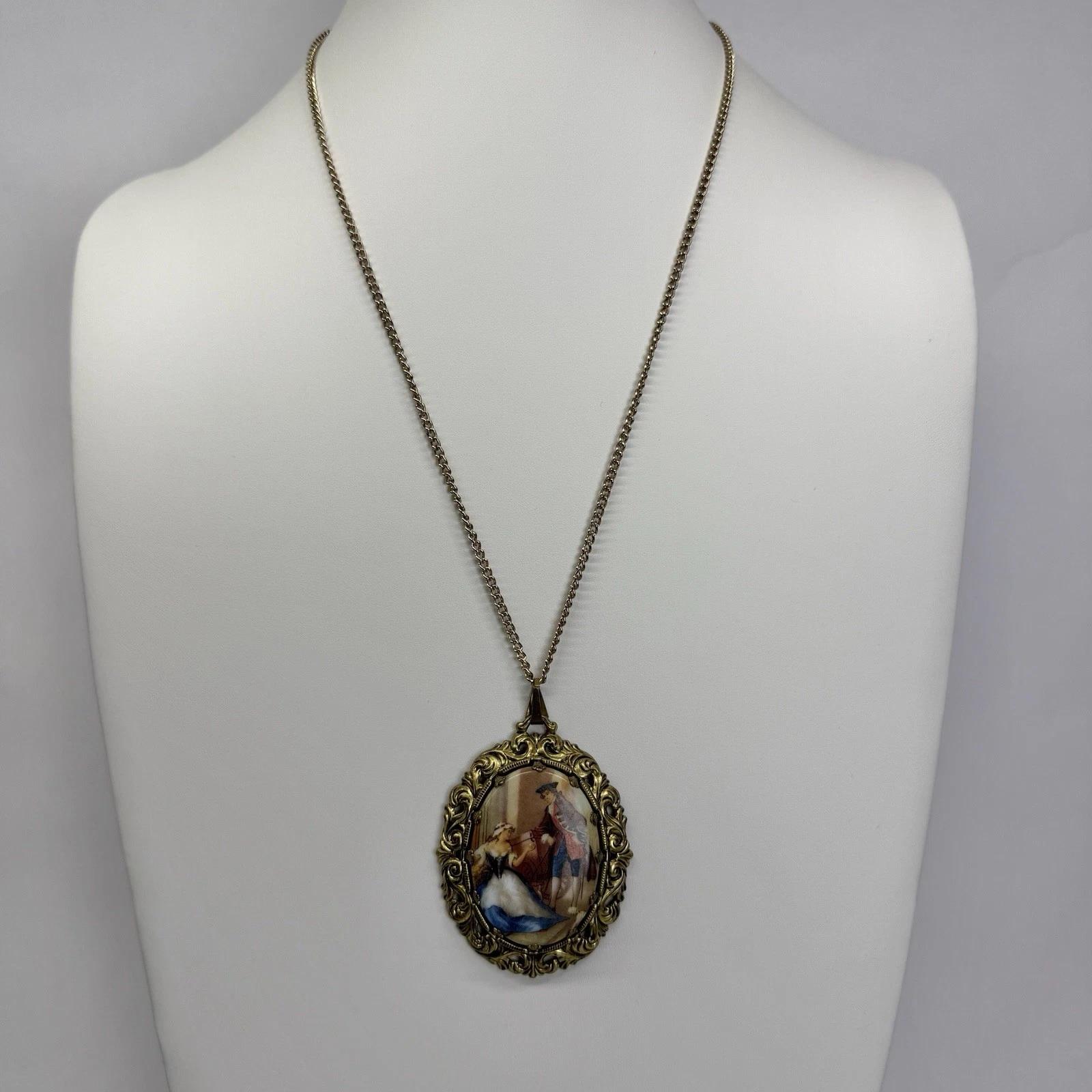 WEST GERMANY Courting Couple Filigree Brass Vintage Necklace Jewelry N258