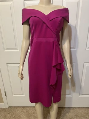 NWT $218 Xscape Sweetheart Ruffle Sz 14 Scuba Off the Shoulder Dress Hot Pink - image 1 of 4