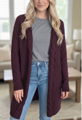 Eddie Bauer Open Front Cardigan Pullover Lammwolle Kamelhaar Lila Gr. TXL