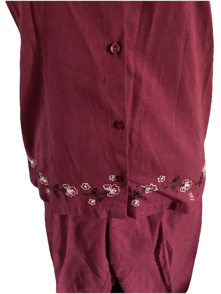 Jennifer Moore Conjunto 2 Piezas Blusa L Algodón LINO Granate Cordón Capri 46w Foto 3 de 4