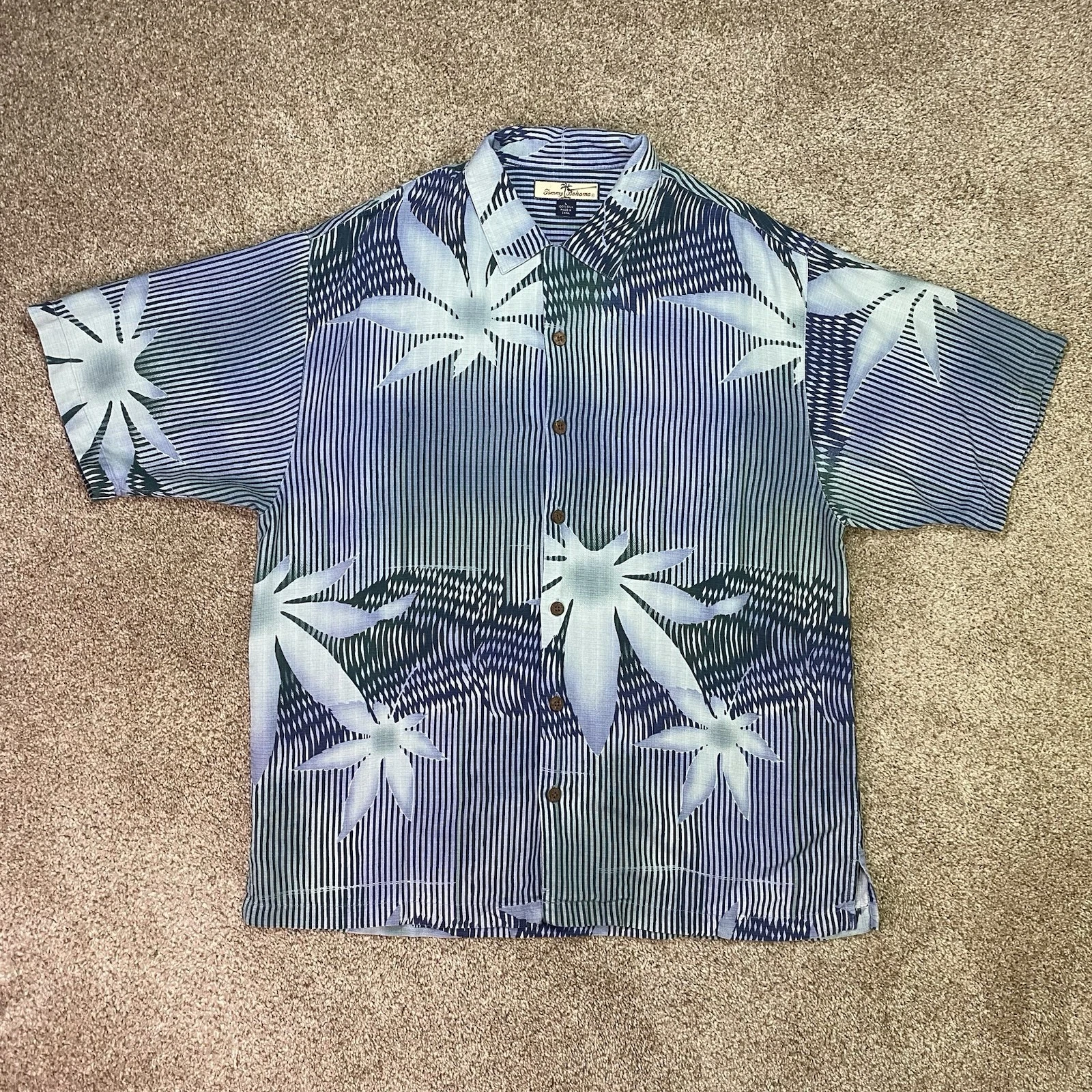 Tommy Bahama Shirt Mens L Blue Striped Hawaiian 100% Silk Leaf Summer Resort