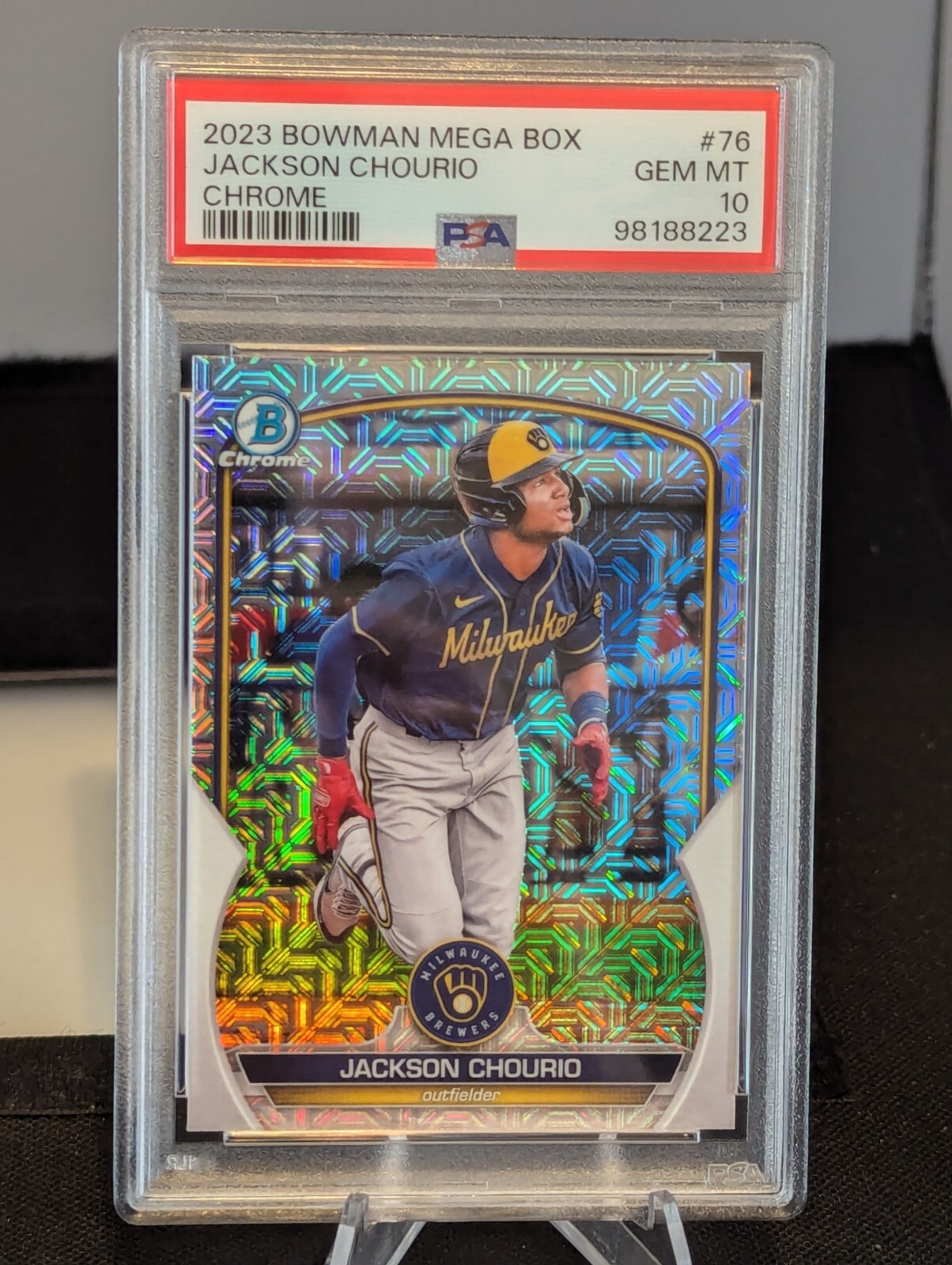 Jackson Chourio RC: 2023 Bowman Chrome PROSPECTS, MEGA BOX MOJO, PSA 10! BREWERS