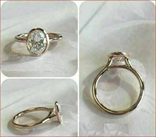2 Karat Oval Echt Moissanit 14k gelb vergoldete Lünette Solitär Verlobungsring - Bild 1 von 4
