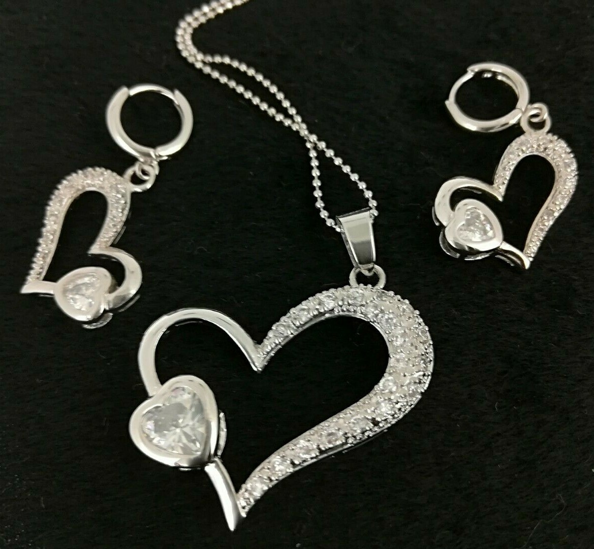 18k 18CT White Gold GF Heart CZ Necklace Earrings Sets S510