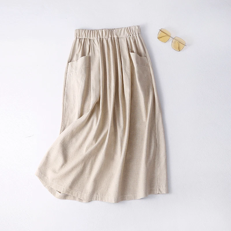 Women Cotton Linen Skirt with Pockets A line Half Dress Artistic Retro Casual
