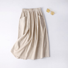 Ladies Plain Solid Cotton Linen Skirt Pocket Artistic Retro Dress Office Casual