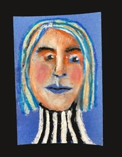 Small Portrait Painting Naive 4x6 Expressive Wall Art Woman Stripes Miz Katie