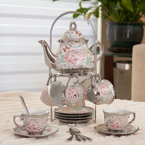 20 Pc Tea Set Tea Pot 6 Cups Saucers w/ Rack Silver Multi 3 oz Cup TeaPot - 第 1/7 張圖片