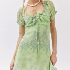 Urban Outfitters Becca Printed Puff Sleeve Mini Dress XS Green Paisley $70