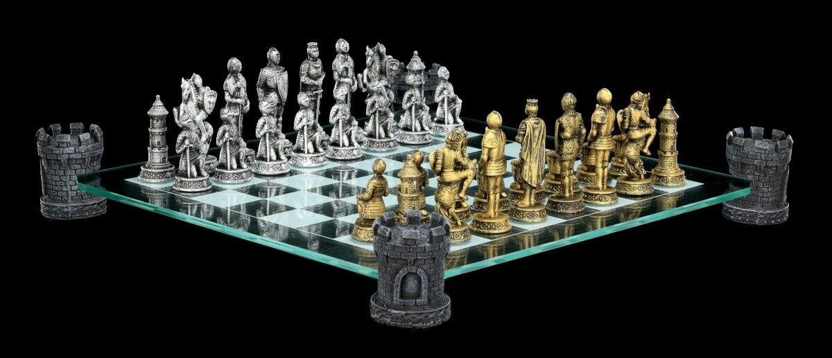 Ritter Schachspiel auf Burgturm - Set Schachfiguren Mittelalter silber gold