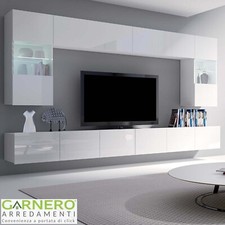 Parete attrezzata moderna 300x180cm soggiorno porta tv bianco lucido design MONS