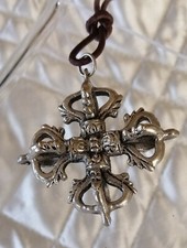 Asiatischer  Ketten Anhänger Braunes Lederband Schmuck Doppel-Dorje/Vajra Tibet
